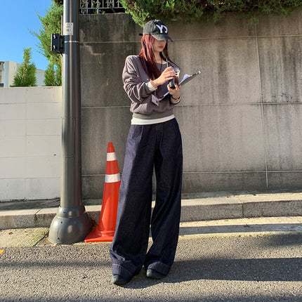 Bumi House# Slack Street High Waist Loose Meat Covering Jeans Women's 2024 Autumn New Tannin Primary Color Wide Leg Pants