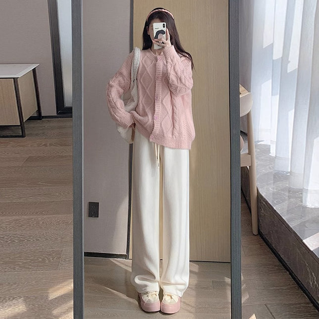 Women's Corduroy Straight Wide Leg Pants Fleece Lined High Elastic Waist Casual Korean Style Black Apricot Gray Brown S-XXL / Pantalon Femme Velours Côtelé Droit Large Polaire Taille Haute Élastique Style Coréen Noir Abricot Gris Brun S-XXL