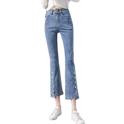 Vintage Blue Slip Micro-flared Jeans Women's Trendy All-match New High Waist Slimming Cropped Irregular Flared Pants
