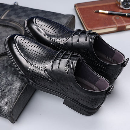 Leather Shoes Men's Dress Business Casual Leather Soft Sole Summer Hollow Breathable Thick Black Wedding Groom Shoes Men's Shoes