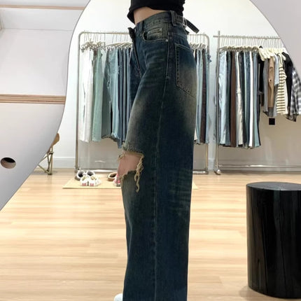 American Retro Ripped Jeans for Women Summer 2025 New Loose Slimming High-Waisted Wide-Leg Floor-Length Pants