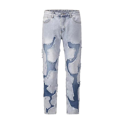 American Street Knife Cut Hole Patch Washed Straight Jeans Men's and Women's High Street Personalized Hip-Hop Loose Long Pants