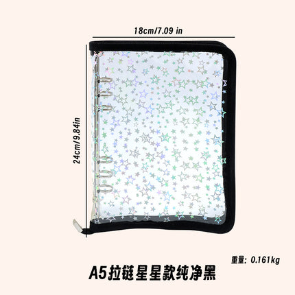 Japanese A5 Transparent Loose-leaf Black Glitter Zipper 6-hole Notebook Ins Style Star Chaser Ledger PVC Case