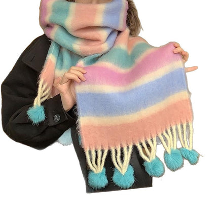 New Colorful Striped Scarf for Women, Winter High-End Thickened Warm Colorful Pom-Pom Versatile Neck Warmer Dopamine Trend