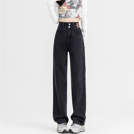 Women's Versatile Retro Blue Floor-Length Pants, Stylish High-Waisted Straight-Leg Jeans, Slimming 2025 Drapey Wide-Leg Pants, Trendy