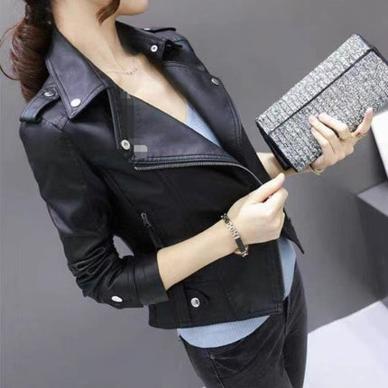 2025 Women's Leather Jacket Autumn Korean Style Slim Fit Motorcycle Pu Leather Casual Versatile Jacket