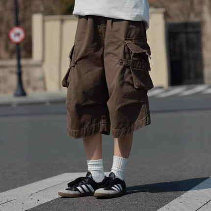 American Retro Multi-Pocket Cargo Cropped Pants Summer New Trendy Men's Loose Straight Cleanfit Over-The-Knee Shorts