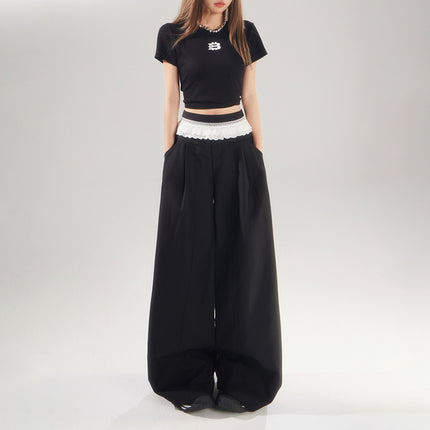 Raccoon House # American Retro High-Waisted Lace Splicing Wide-Leg Pants Versatile Drape Floor-Length Dress Pants Casual Pants for Women