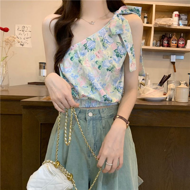 Resort Style Floral Slanted Shoulder Vest for Women Summer 2025 New Style French Chic Sexy Off-Shoulder Strappy Top for Outer Wear