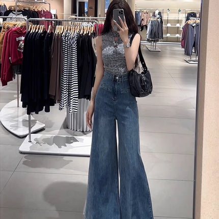 Blue High Waist Wide Leg Jeans Women's Loose Slimming Hong Kong Style Retro Mop Pants Korean Style Elegant Straight Leg Wide Leg Pants