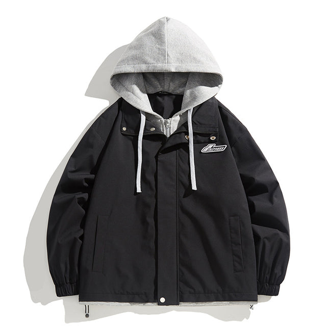 Fake Two-Piece Hooded Autumn Jacket for Students, Stylish Casual Jacket for Outdoor Camping, Waterproof Couple's Outfit, Waterproof and Windproof