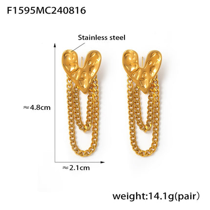 Temperament European and American karst heart-shaped earrings women's retro personality hammer love tassel chain stainless steel earrings wholesale