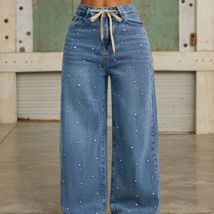 Beaded Jeans for Women Summer New Fashion High-Waisted Loose Slimming Straight Versatile Wide-Leg Floor-Length Pants with Fashionable
