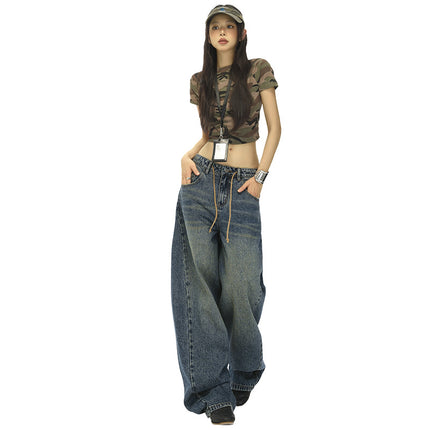 Retro Drawstring High Waist Wide Leg Jeans for Women 2025 Summer New Sexy Straight Loose Slimming Look Floor Mopping Pants