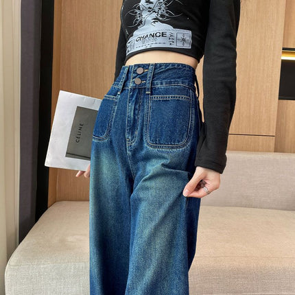 Two Buckle Wide Leg Jeans 2025 Maillard Stretch Loose Mop Pants Pocket Design All-match Women's Wear
