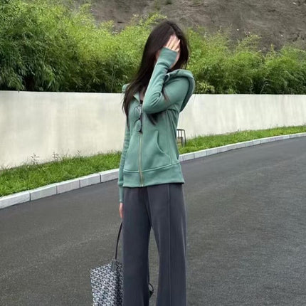 Forest Green Slim Casual Sweatshirt Hooded Jacket Women's Sports Yoga Fishbone New Top Korean Style Early Autumn Thin