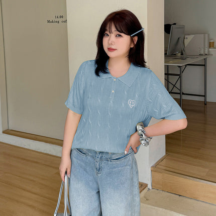 Double Day 2025 Summer New plus size Women's Chubby mmPolo Collar Short Sleeve Twist Simple Knitted Shirt F518