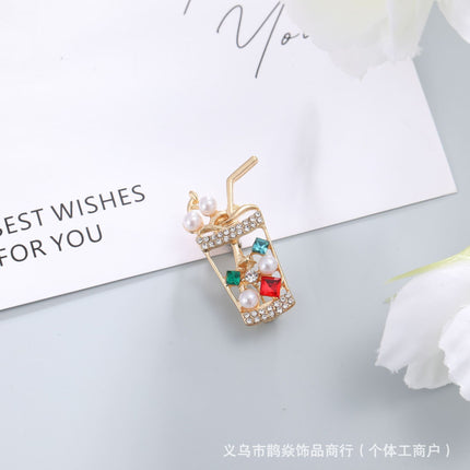 Sparkling Diamond Pearl Juice Drink Milk Tea Cup Brooch Personalized Creative Design Brooch Accessible Luxury Jacket Coat Accessories