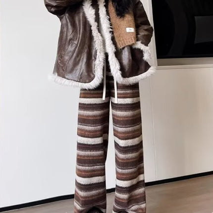 American Stripesd Wide-Leg Pants for Women in Autumn and Winter, Retro Ethnic Style Straight-Leg Glutinous Rice Pants for Girls, High-Waisted Casual Lazy Pants
