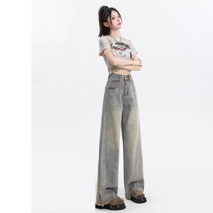 Nostalgic Retro Wide Leg Jeans Women's Trendy All-match New High Waist Slimming Loose Straight Rapped Mop Pants