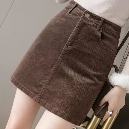 Curry Color High Waist Slimming Corduroy Skirt New Autumn and Winter Petite Hip Skirt Elegant A- line Skirt 2024 Women