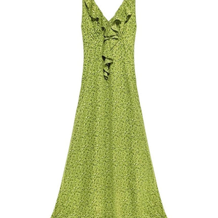 Green French V-Neck Pure Desire Sleeveless Halterneck Floral Dress Women's Summer New Seaside Vacation Long Dress