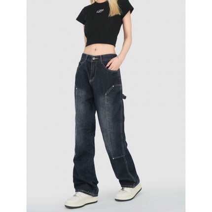 Real Shot of Retro Jeans for Women, High Street High Waist Loose Straight Pants, Wide Leg Drapey Floor Mopping Pants