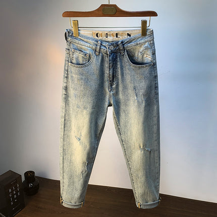 Ripped Jeans Men's Summer Trend Light Blue Stretch Pants 2025 New Handsome Casual Pants for Men