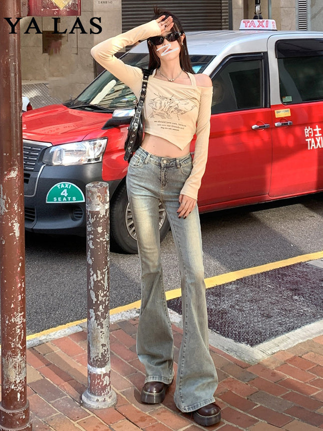 Washed Nostalgic American Style Micro-horn Trendy Brand Jeans Spring Autumn and Summer New High Waist Slimming Stretch Horseshoe Pants
