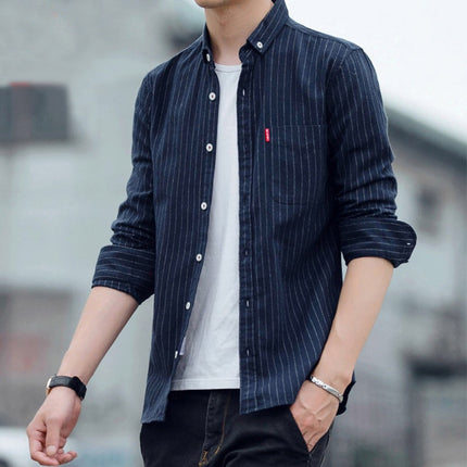 Shirt Men's Long-sleeved fleece-lined Thickened Korean Style Slim-fit Striped Scrub Men's Shirt Autumn Casual Trendy Coat
