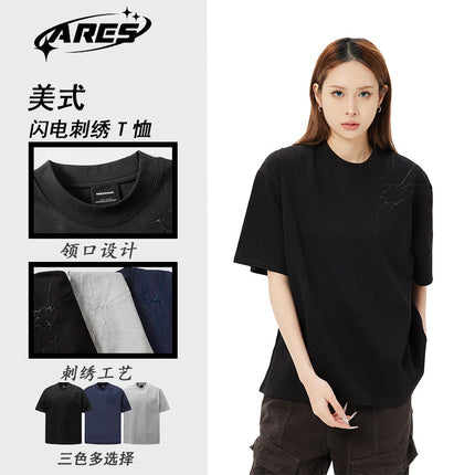 Ares Lightning Embroidery Short-Sleeve T-Shirt for Men, Summer Versatile Casual Clothing, Trendy Half-Sleeve Luxury Brand T-Shirt
