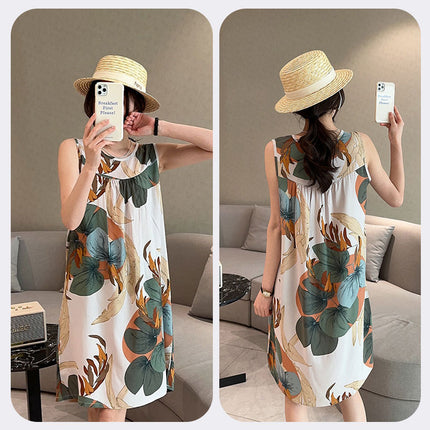 Summer Cotton Silk Nightgown for Women Thin Artificial Cotton Floral Sleeveless Korean Style Loose Large Size Home Wear Pajamas Vest Dress