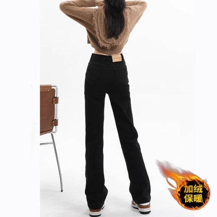 High-Waisted Black Straight-Leg Jeans for Women, Trendy Versatile New Style, Fleece-Lined, Slim-Fit Narrow Wide-Leg Cigarette Pants