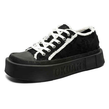 Korean Style Lace-Up Sneakers Trendy Versatile Raw Edge Breathable White Shoes 2025 Summer Casual Thick-Soled Heightening Canvas Shoes