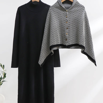 Cross-Border Women's Fashion Elegant Long-Sleeved Dress Autumn and Winter Set Women's Knitted Long Skirt Slimming Shawl Two-Piece Set