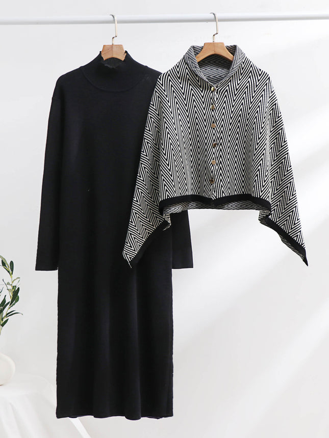Cross-Border Women's Fashion Elegant Long-Sleeved Dress Autumn and Winter Set Women's Knitted Long Skirt Slimming Shawl Two-Piece Set