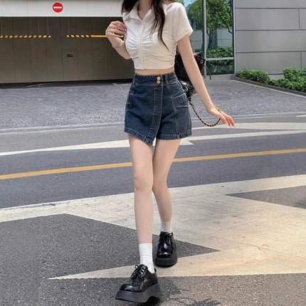 Plus Size Fat mm High Waist Asymmetrical Denim Shorts Women's Spring New Pear-Shaped Figure Design A-Line Skirt Pants