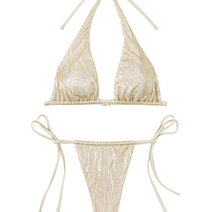 Gold and silver silk flash bikini 2024 new European and American swimsuit women's sexy lace-up split two-piece swimsuit women
