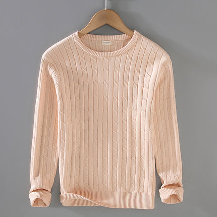 Men's Autumn and Winter Thick Knit Sweater, Pure Cotton Solid Color Knit Sweater, Cable Knit, Slim Fit, Trendy Round Neck, Lazy Style