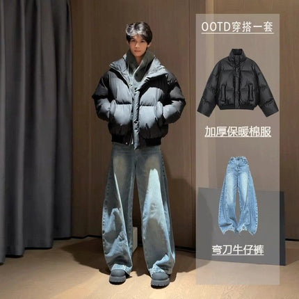 Boys' Cool and Handsome Outfits, High-End, Handsome Wide-Leg Jeans, Cotton Clothes, Two-Piece Set, Winter Matching Set