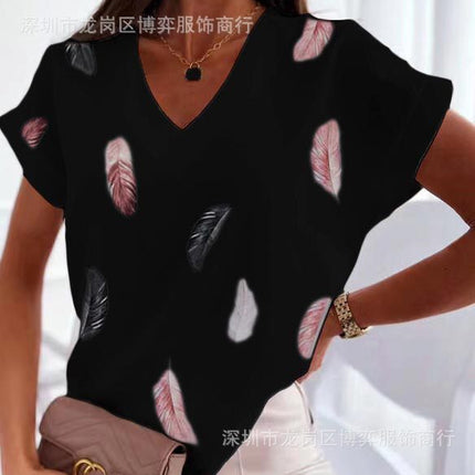 2023 New Hot Independent Station Loose V-neck Love Printed Short Sleeve T-Shirt for Women