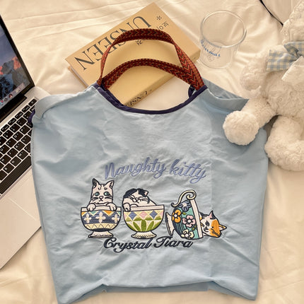 Japanese Style Cat Chai Dog Embroidered Eco-Friendly Cloth Bag Women's Large Capacity New Nylon Handbag Student's All-Match Shoulder Bag