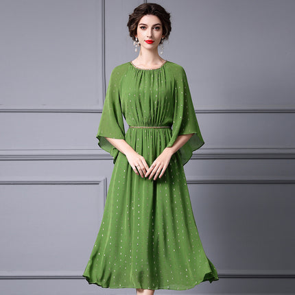 Zhili Green Mature Feminine Style Waist-Cinching Dress with Beading and Flared Sleeves, New for Spring 2026