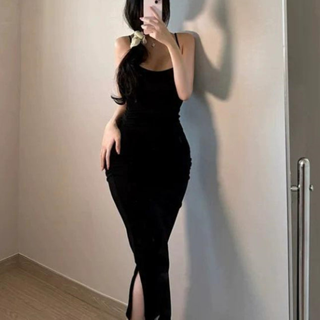 South Korea Dongdaemun Spring and Summer New Elegant Slim-fit Figure Split Hip Tight Mid-length Sling dress