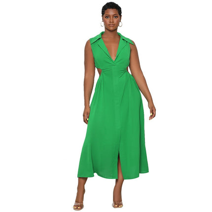 9791 Cross-border Europe and America Amazon Semi-open Collar Leisure Hollow Waist Commuter Split dress