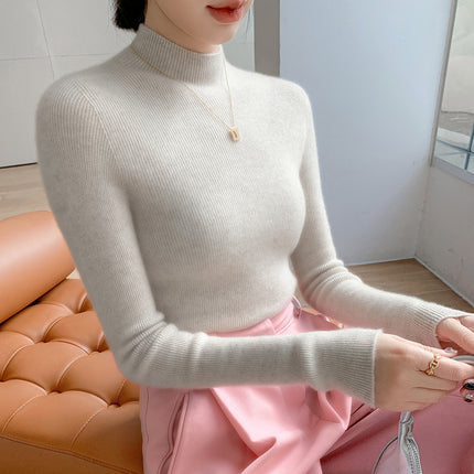 High-End Seamless Slim-Fit Cashmere Sweater for Women, Half Turtleneck, New Autumn/Winter 2024 Base Layer