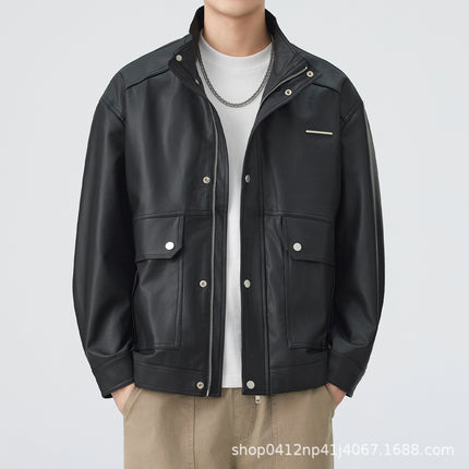 American Retro Loose Casual Leather Jacket for Men 2026 Spring Versatile Stand Collar Coat Trendy Versatile Top for Men