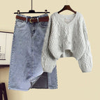 1622 gray top + denim skirt two-piece set / M [recommendation 40-50kg ]
