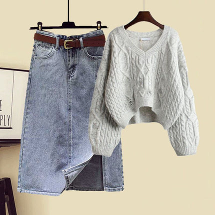 Plus Size Women's Spring and Autum Suit Women's 2025 New Knitted Sweater Slimming Look Versatile Denim Skirt Two-Piece Set