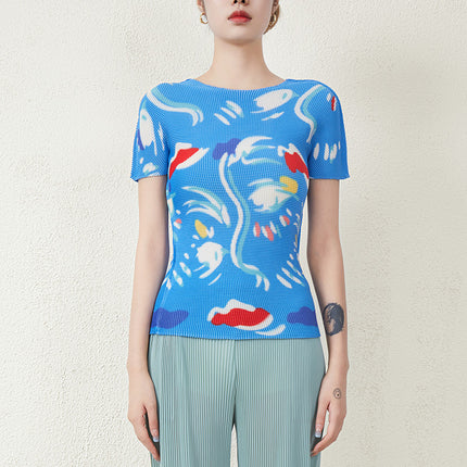High-End Pleated Short-Sleeved Top for Women Summer Printed Slim-Fitting High-Elastic Tight-Fitting Large Size Garden Collar Accessible Luxury Miyake T-Shirt